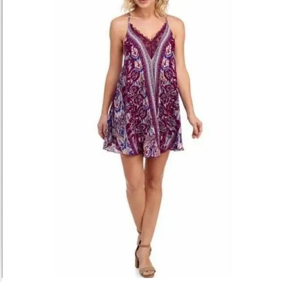 Intimately Free 'Love Bird' Printed Mini Dress, Lace Grape Boho, Festival | L - Picture 1 of 13